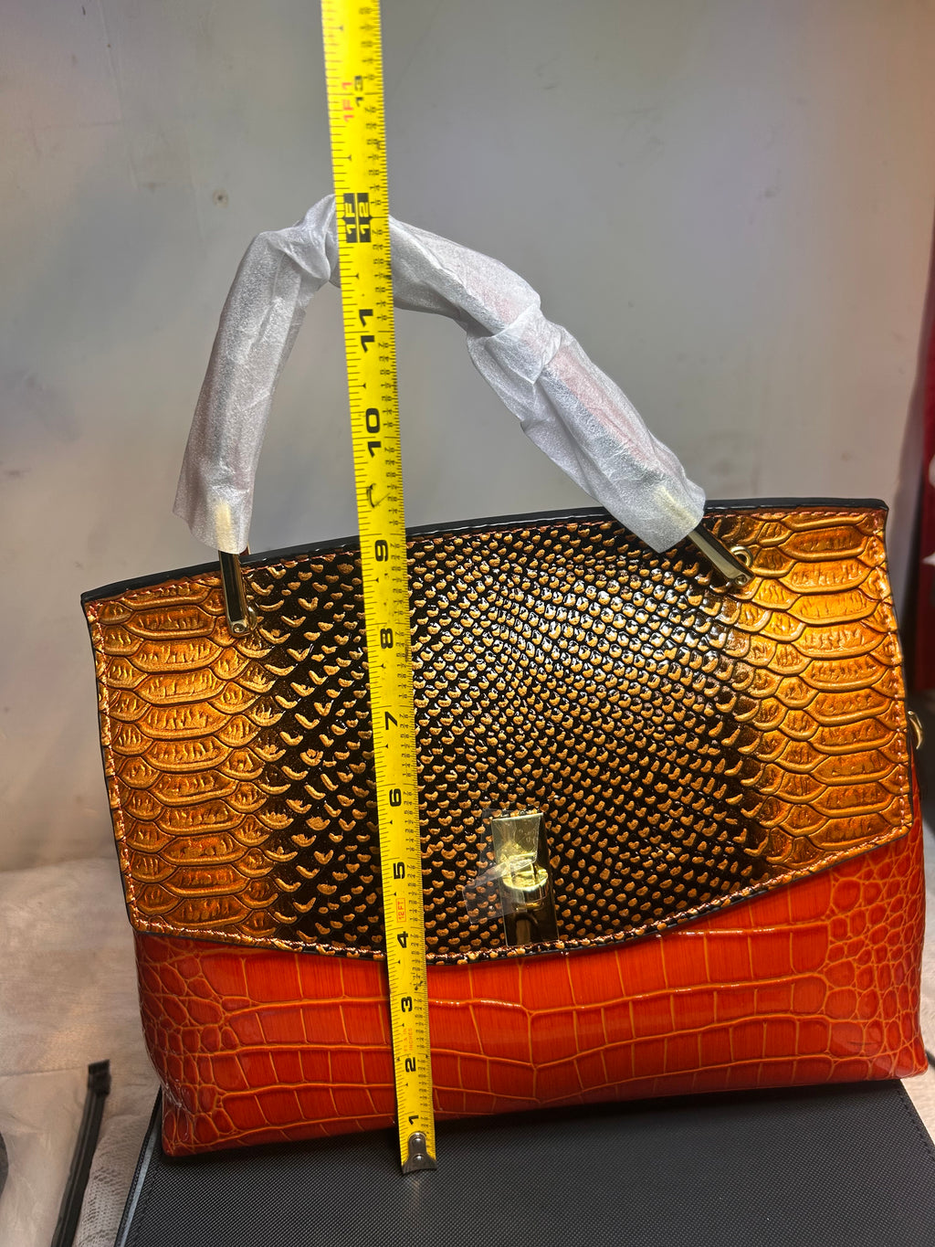 Orange Gold Croc Embossed Faux Leather Top Handle Satchel, Turn Lock Zip 13"