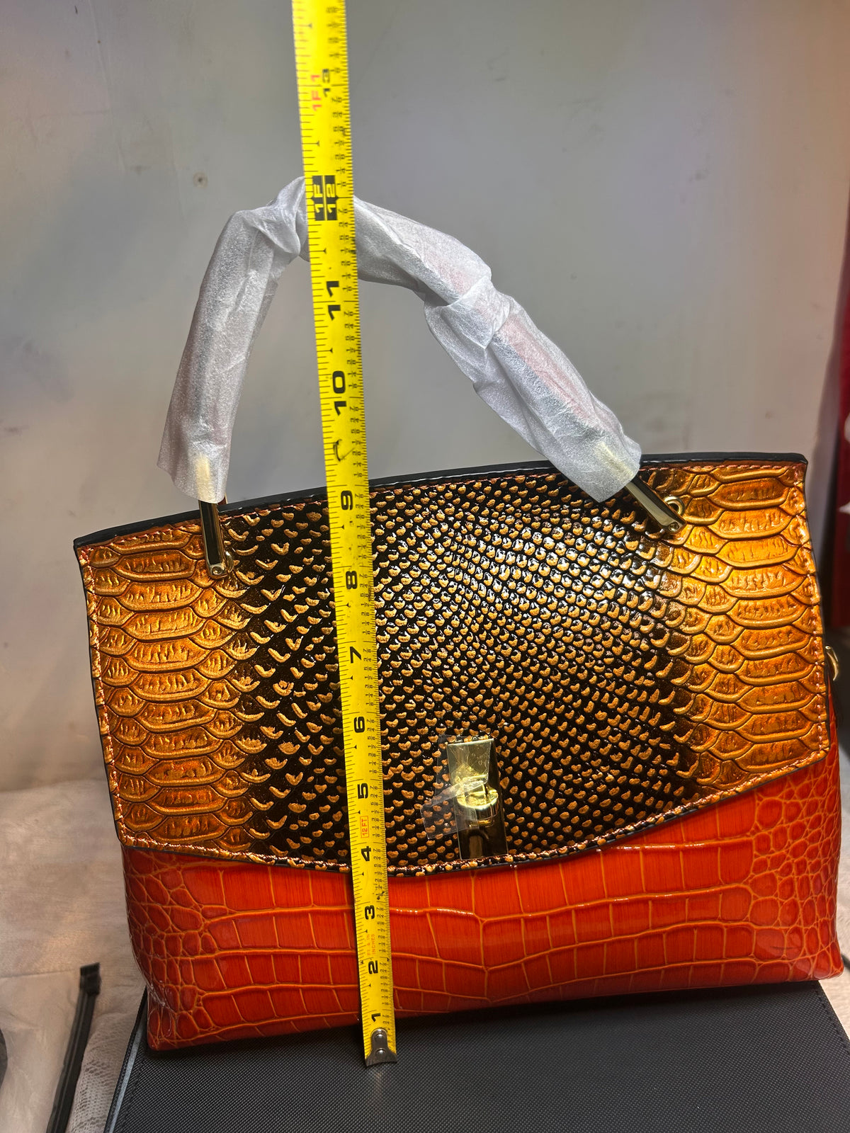 Orange Gold Croc Embossed Faux Leather Top Handle Satchel, Turn Lock Zip 13"
