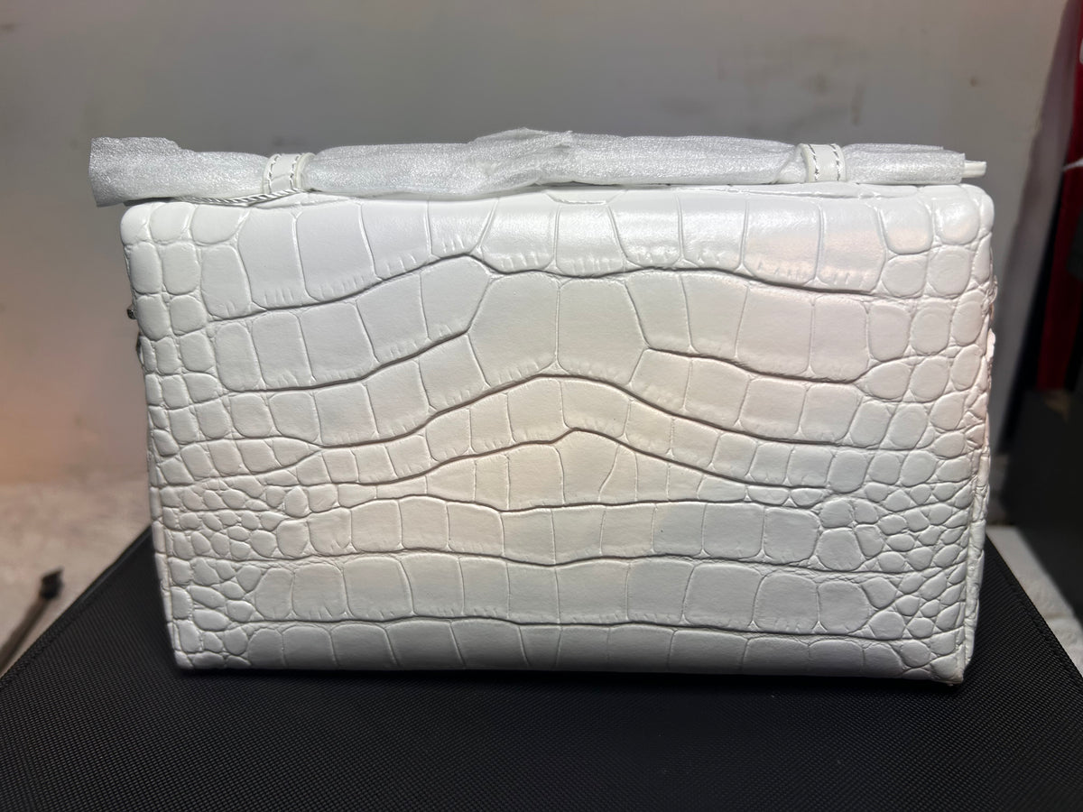 White Croc Embossed Faux Leather Satchel Top Handle Zip Bag w/ Detachable Strap