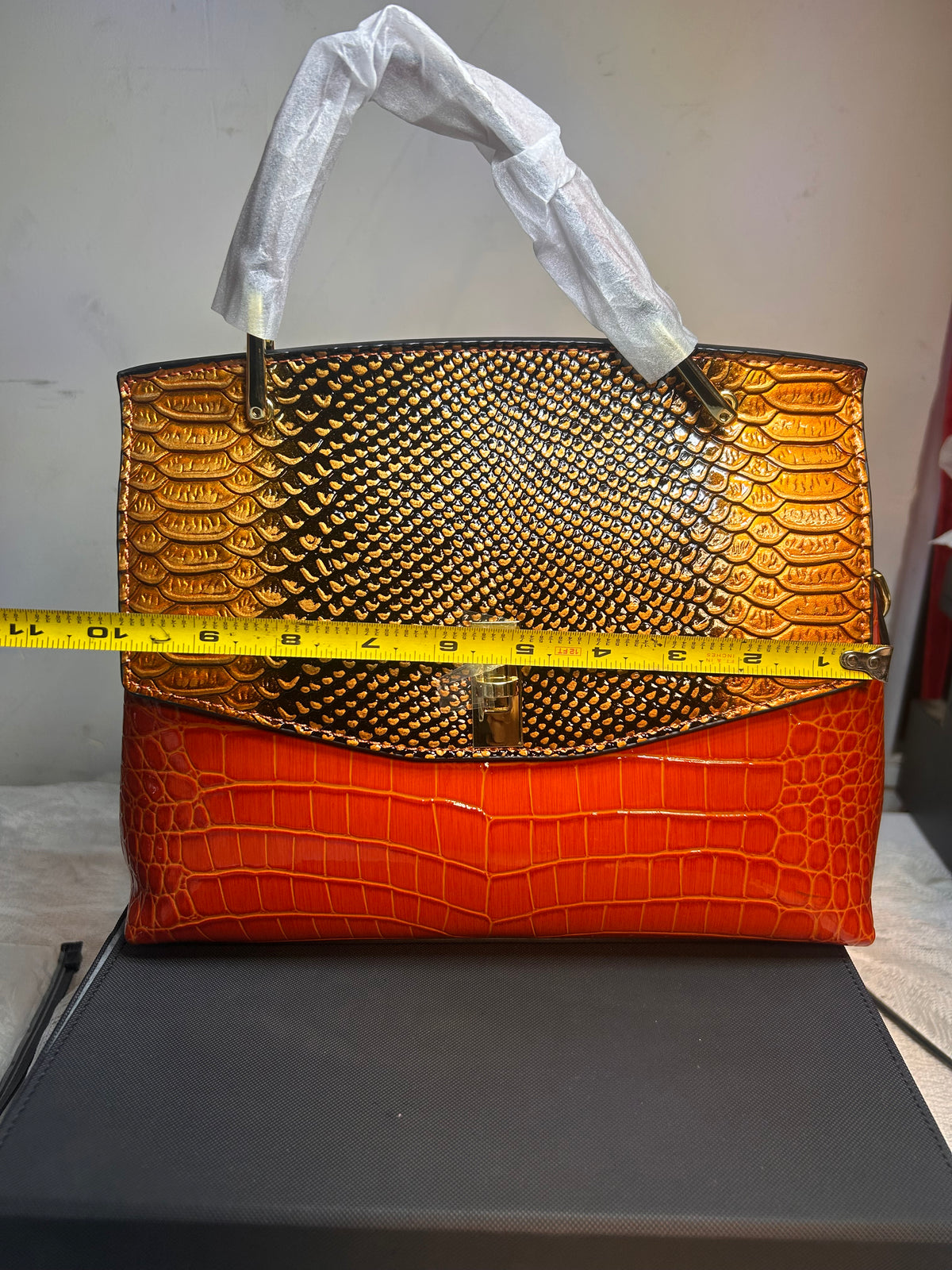 Orange Gold Croc Embossed Faux Leather Top Handle Satchel, Turn Lock Zip 13"