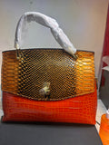 Orange Gold Croc Embossed Faux Leather Top Handle Satchel, Turn Lock Zip 13"