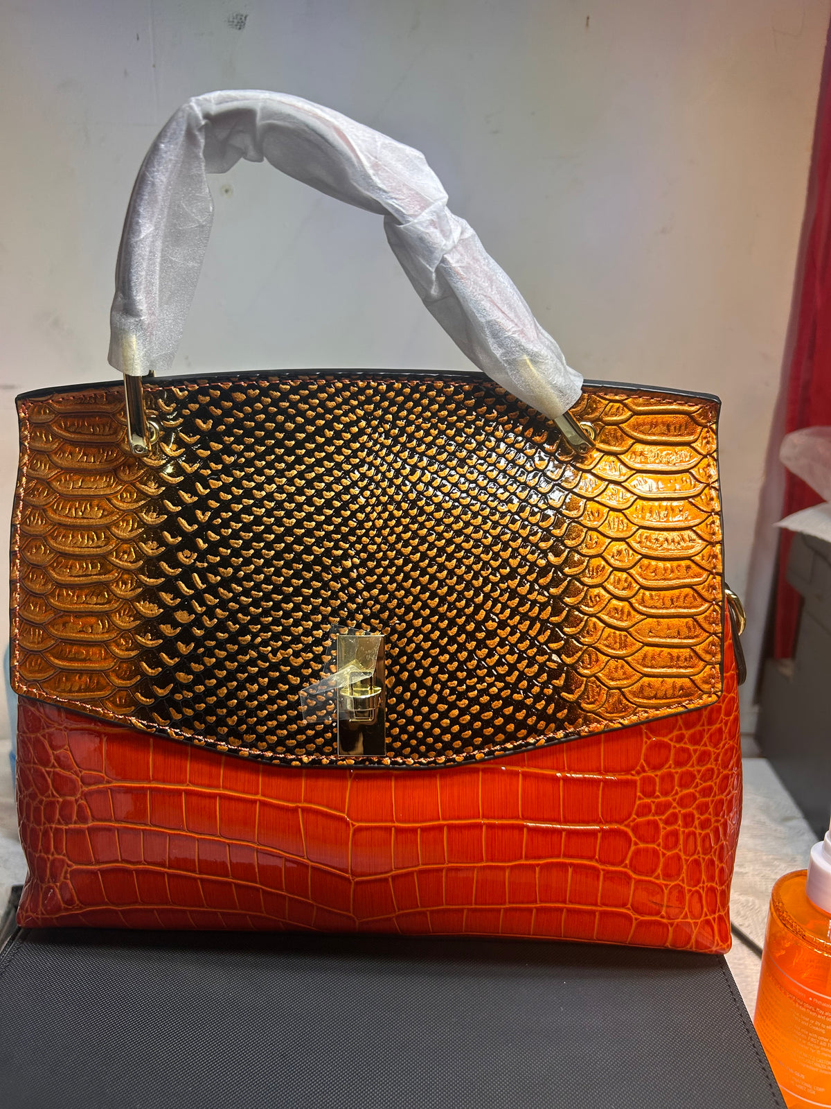Orange Gold Croc Embossed Faux Leather Top Handle Satchel, Turn Lock Zip 13"