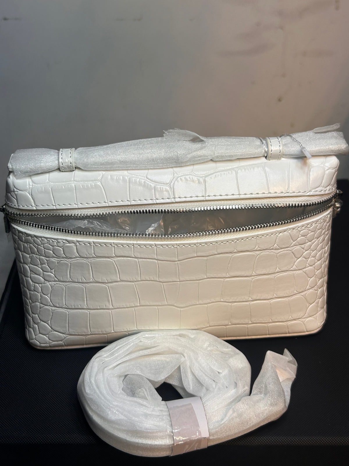 White Croc Embossed Faux Leather Satchel Top Handle Zip Bag w/ Detachable Strap