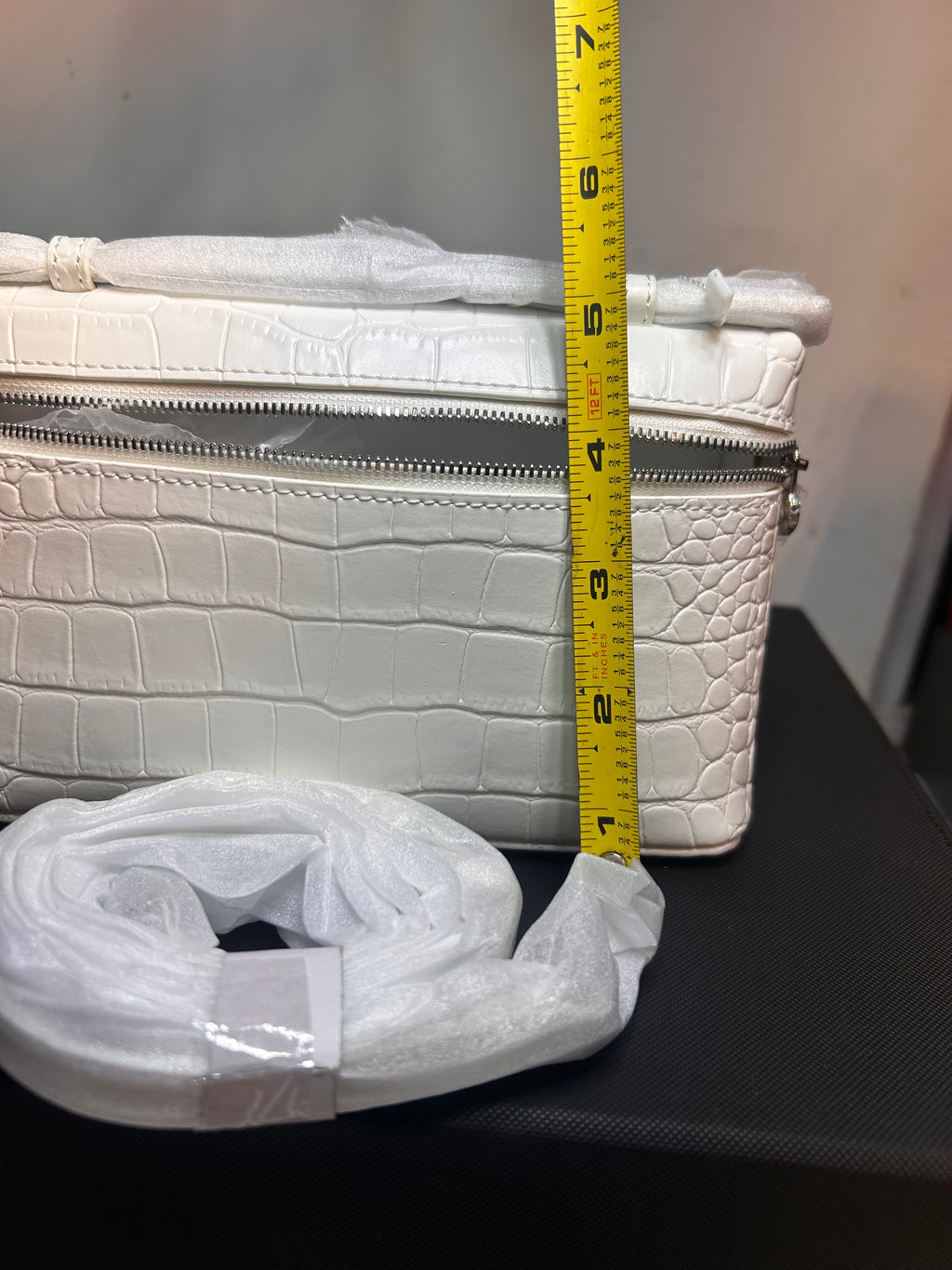 White Croc Embossed Faux Leather Satchel Top Handle Zip Bag w/ Detachable Strap