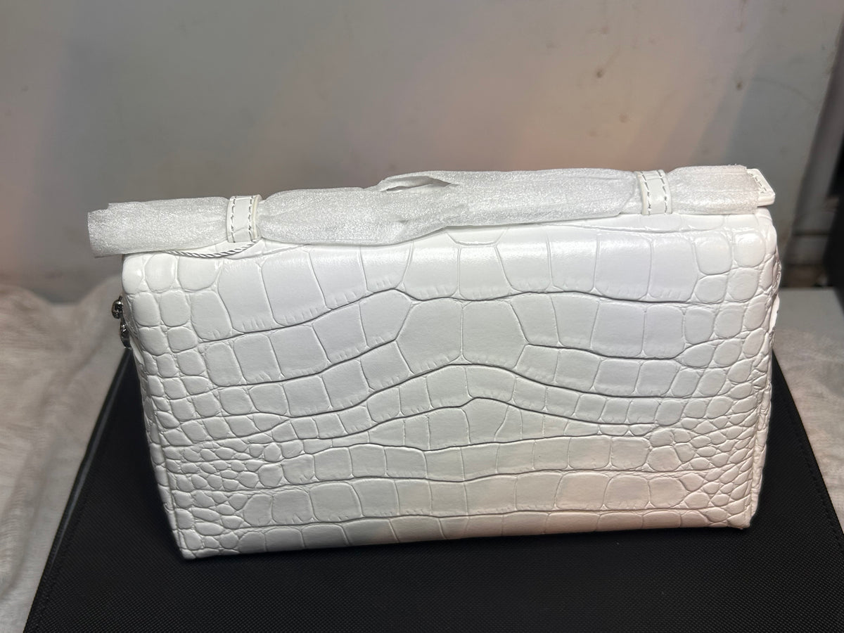 White Croc Embossed Faux Leather Satchel Top Handle Zip Bag w/ Detachable Strap