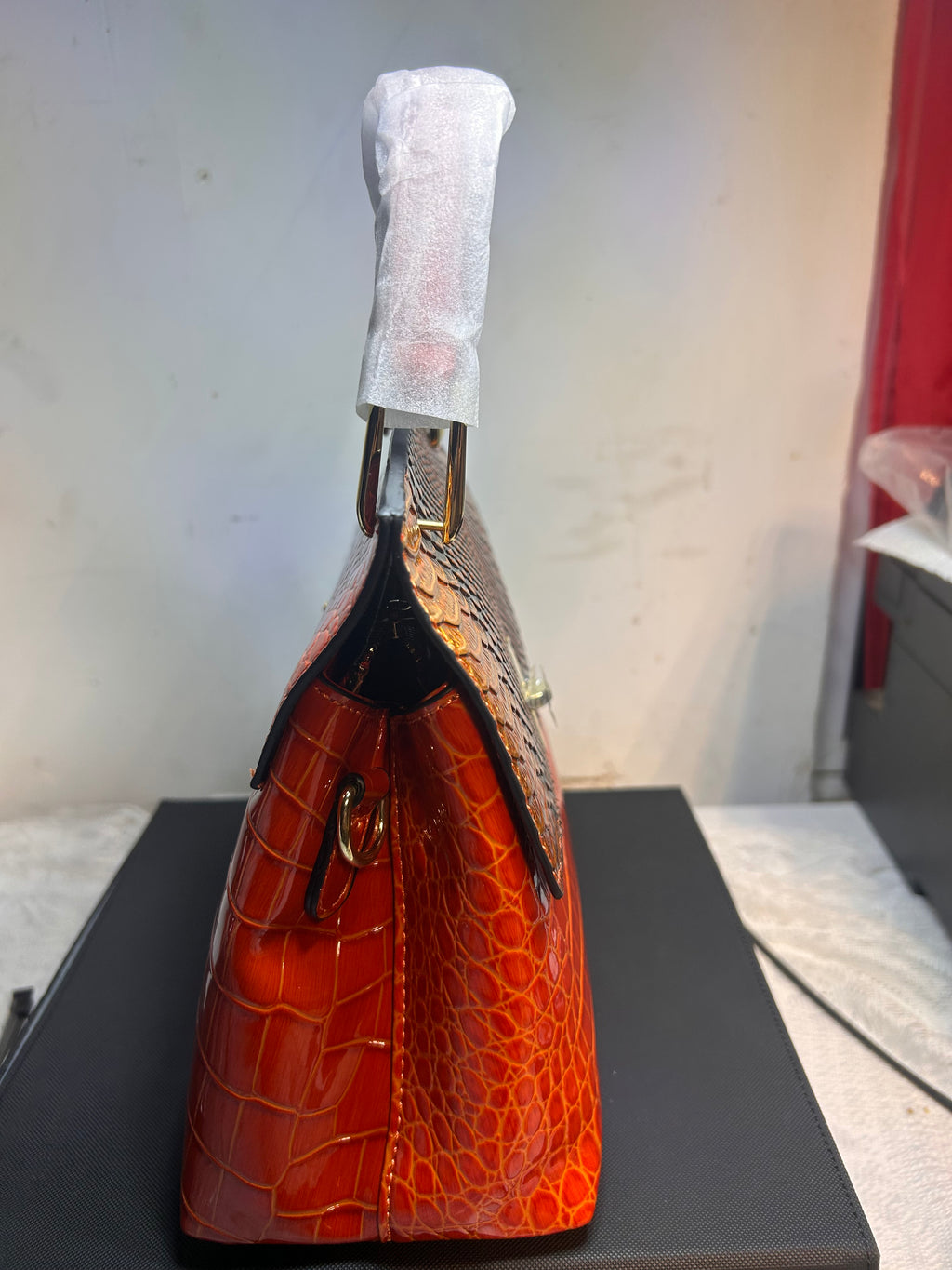 Orange Gold Croc Embossed Faux Leather Top Handle Satchel, Turn Lock Zip 13"