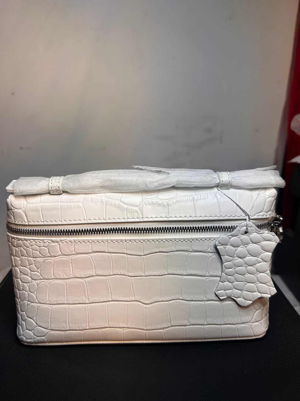 White Croc Embossed Faux Leather Satchel Top Handle Zip Bag w/ Detachable Strap