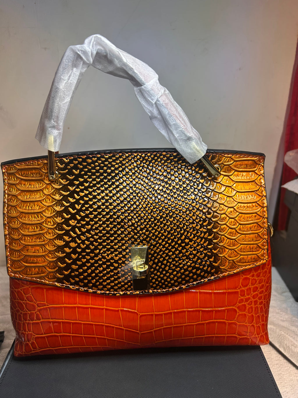 Orange Gold Croc Embossed Faux Leather Top Handle Satchel, Turn Lock Zip 13"